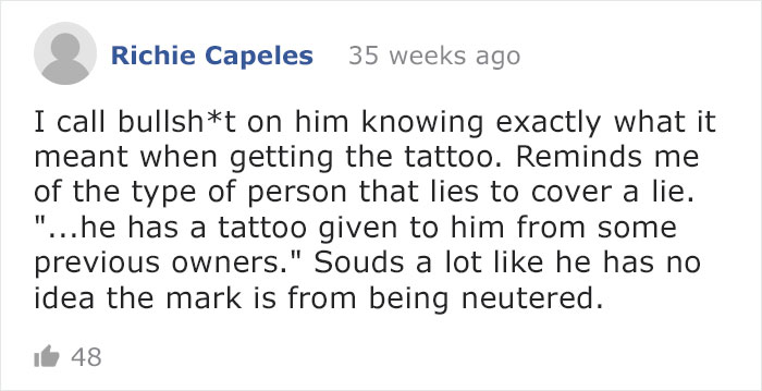 Comment on rescue dog tattoo misunderstanding, highlighting a neutered dog marking.