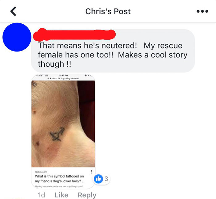 Man and dog both have matching neutered tattoos shown in a Facebook post by Chris Mendiola.