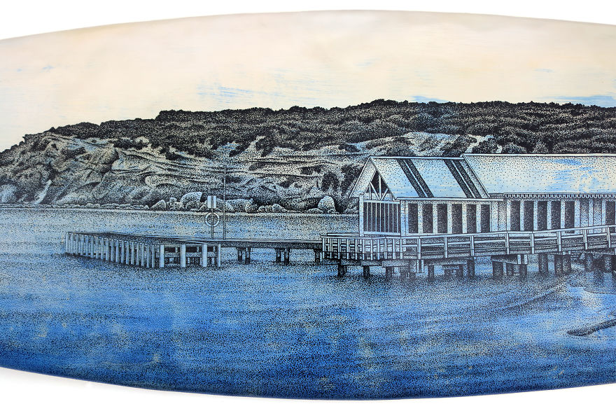 I Re-Purpose Old Surfboards Into Artwork With Detailed Stippling Illustrations Of Surf And Beach-Inspired Themes I Re-Purpose Old Surfboards Into Artwork With Detailed Stippling Illustrations Of Surf And Beach-Inspired Themes