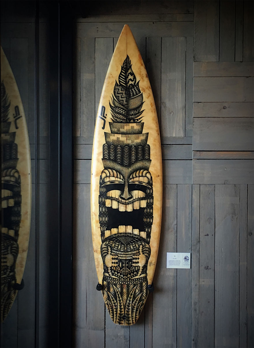 I Re-Purpose Old Surfboards Into Artwork With Detailed Stippling Illustrations Of Surf And Beach-Inspired Themes I Re-Purpose Old Surfboards Into Artwork With Detailed Stippling Illustrations Of Surf And Beach-Inspired Themes