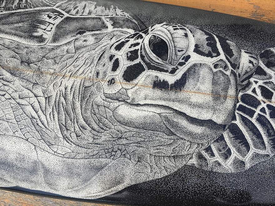 I Re-Purpose Old Surfboards Into Artwork With Detailed Stippling Illustrations Of Surf And Beach-Inspired Themes