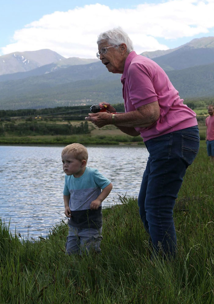 Today My 3 Year Old Son And His 89 Year Old Great Grandma Teamed Up To Catch Both Their First Fish. He Hooked It She Reeled It In