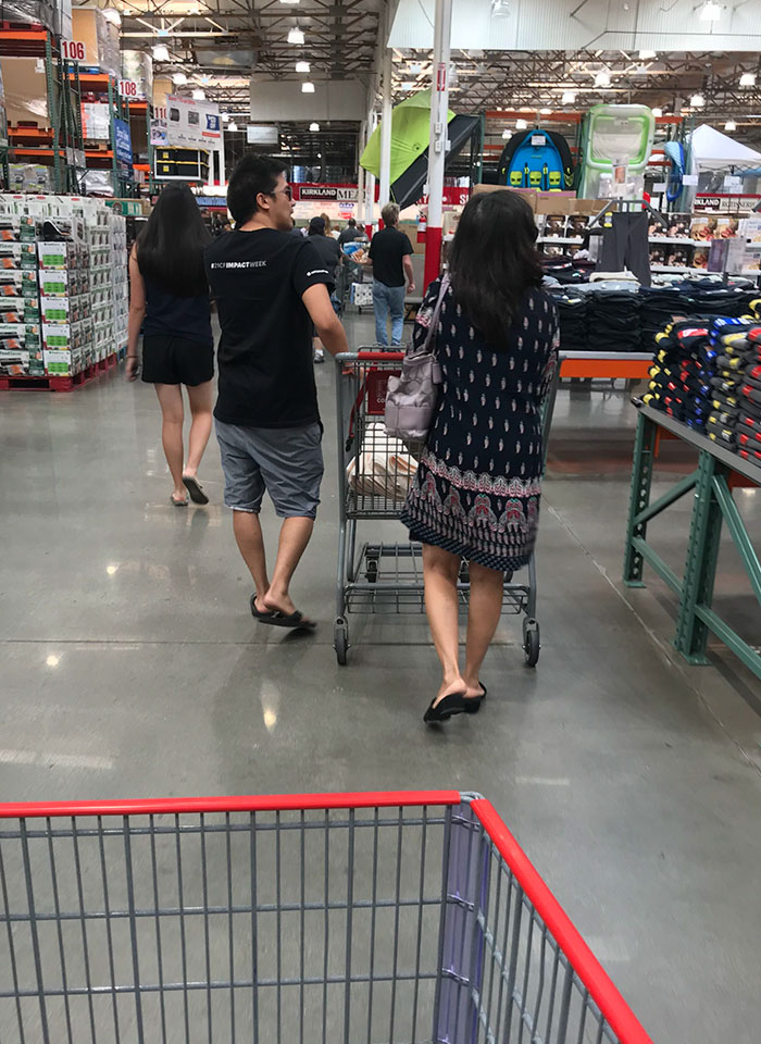 The Woman Pushing The Car Is Blind. The Man Right Next To Her Repeats Every Single Thing He Sees: What’s On Sale, The Brands And Styles. I Heard Her Say While Choosing Bath Towels “Please Get Me Two White Ones, I Love The Color White”