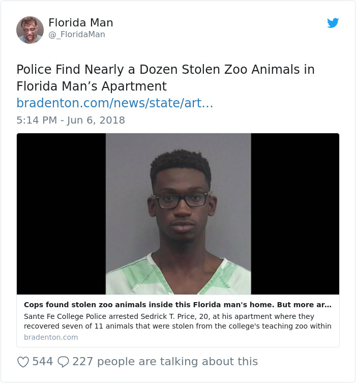 Florida man arrested for zoo animal theft, as seen in a viral tweet with police details and mugshot.