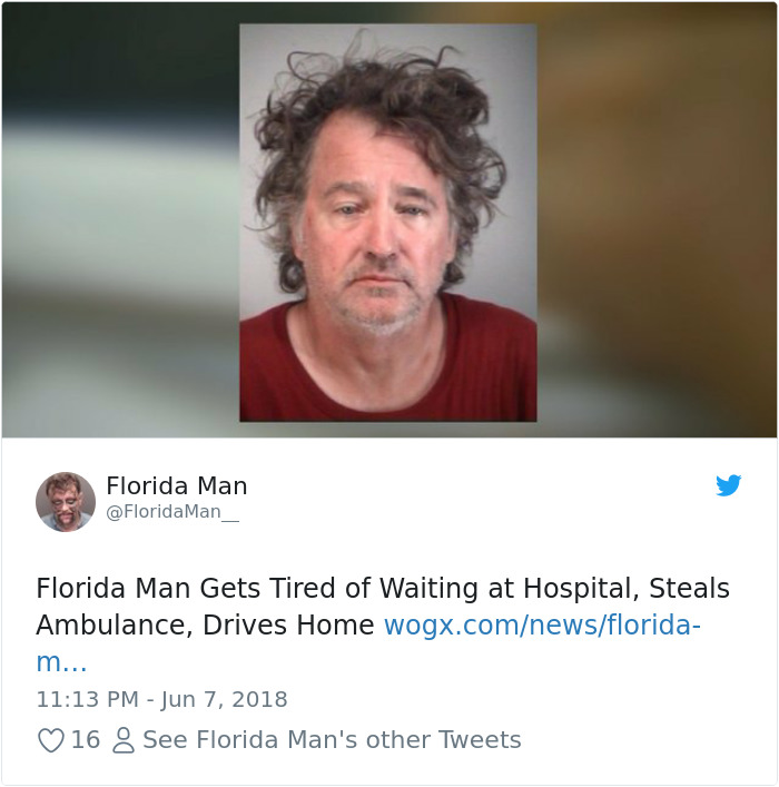 Mugshot from a crazy Florida Man headline about stealing an ambulance.