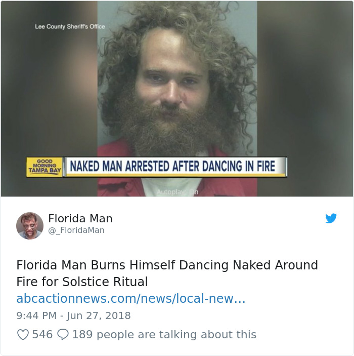 Mugshot of a man with wild hair and beard, linked to bizarre Florida Man incident involving fire and solstice ritual.