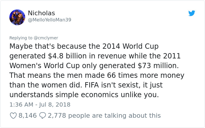 Feminist Accuses FIFA Of Sexism For Paying Men 8x More Than Women In World Cup, Gets Shut Down In Best Way Feminist Accuses FIFA Of Sexism For Paying Men 8x More Than Women In World Cup, Gets Shut Down In Best Way