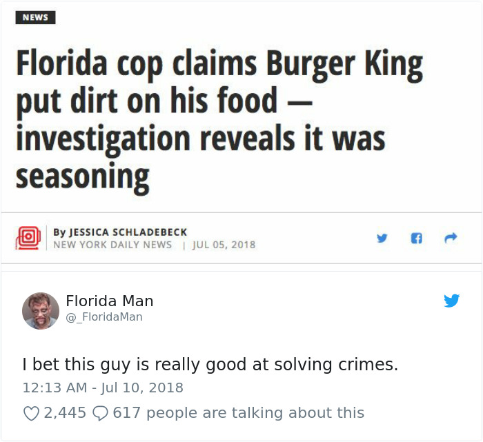 Image of a news headline about a Florida cop mistaking seasoning for dirt, with a humorous tweet below.