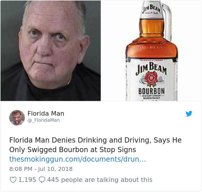 Florida man mugshot beside Jim Beam bottle, highlighting bizarre headlines.