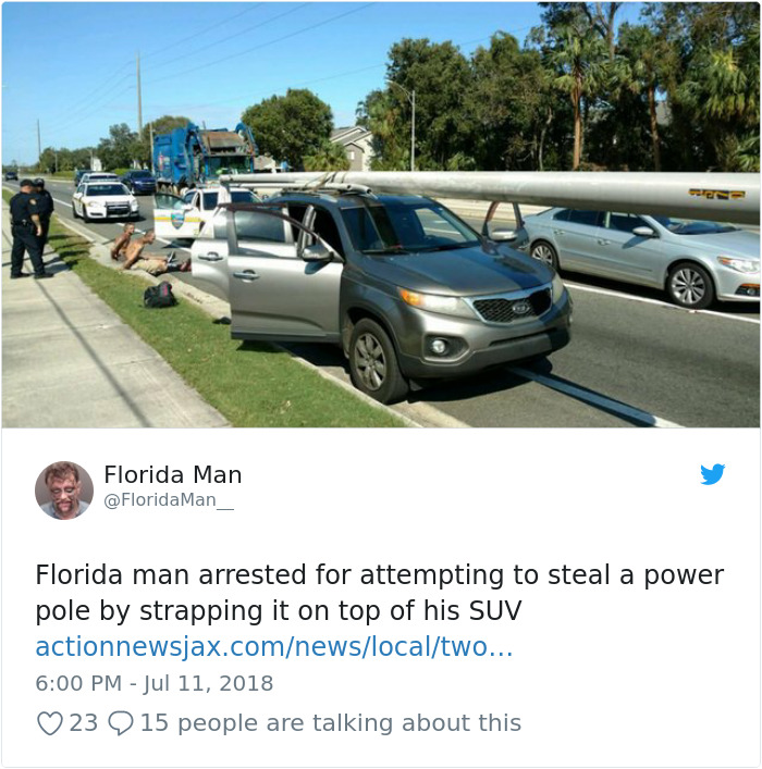Florida man attempts to steal power pole on SUV, police onsite.