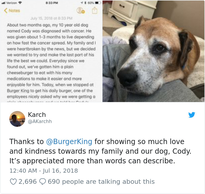 Sick Dog Get His Dream Fullfilled By Burger King After They Offer Free Burgers For The Rest Of His Life