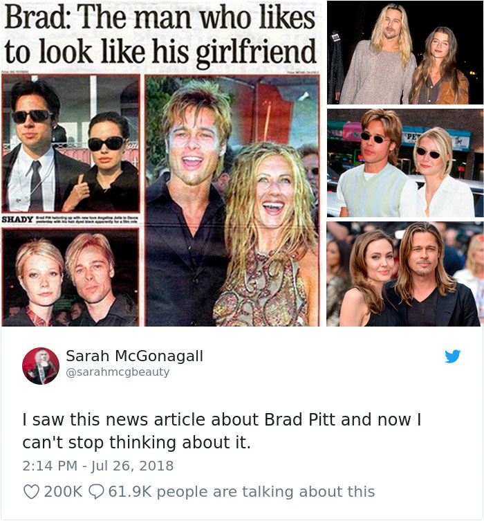 Someone Just Noticed That Brad Pitt Always Looks Like The Woman He’s Dating, And We Can’t Unsee It Now Someone Just Noticed That Brad Pitt Always Looks Like The Woman He’s Dating, And We Can’t Unsee It Now