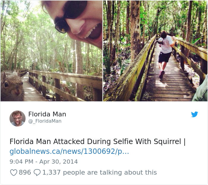 Florida man taking a selfie with a squirrel on a wooden walkway in a forest.