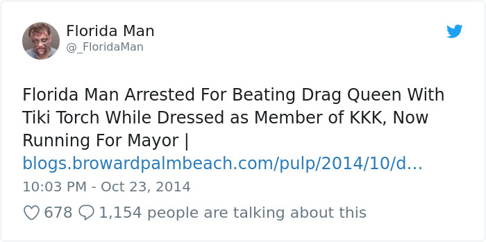 Tweet about a Florida man arrested for attacking a drag queen with a tiki torch while dressed as a K*K member.