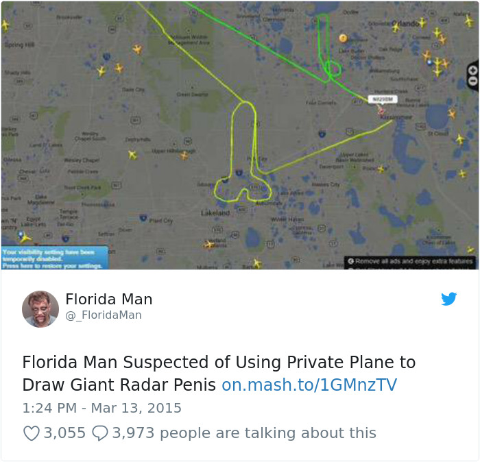 Florida Man suspected of drawing unusual radar pattern with plane over map.