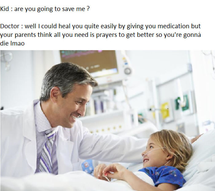 Doctor meme with a smiling doctor and child, featuring humorous but dark dialogue about treatment options.