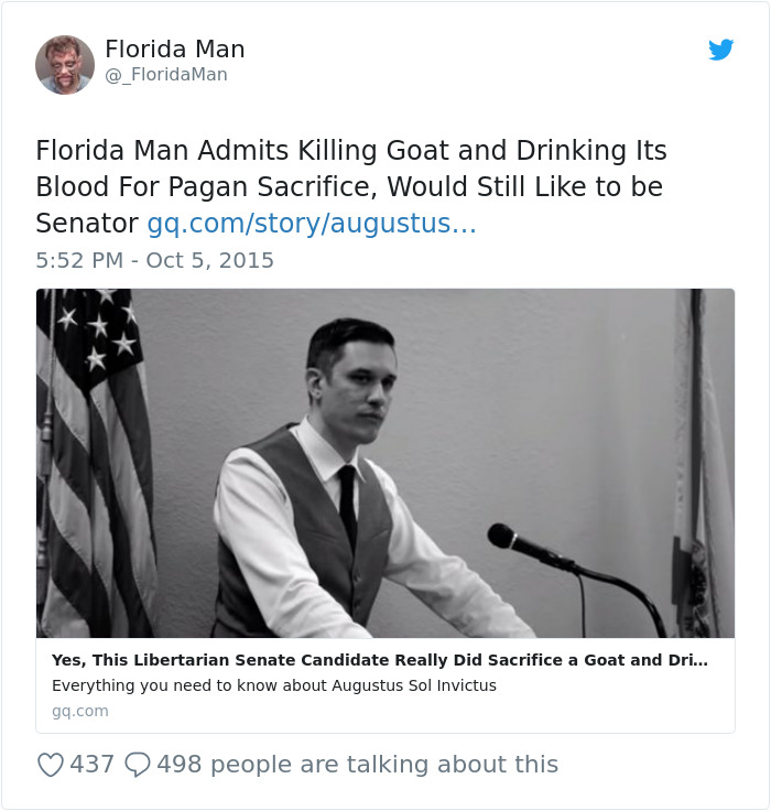 Florida man at a podium, linked to an article on crazy headlines, discussing controversial actions and political ambitions.