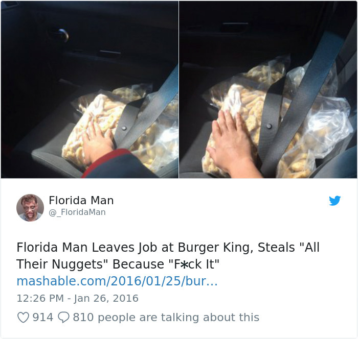 A bag of chicken nuggets on a car seat with a hand reaching, related to Florida Man headlines.