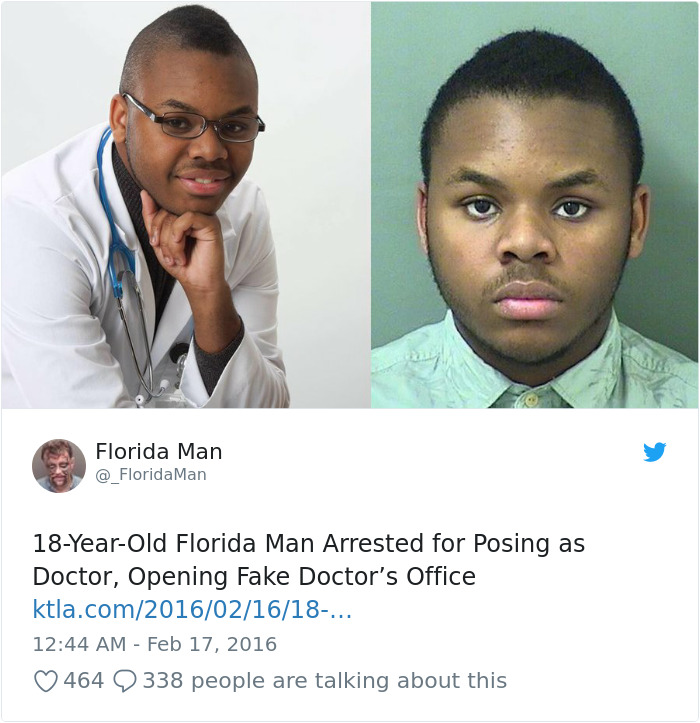 Florida man in doctor's outfit and mugshot for posing as doctor, tweet with headline below.