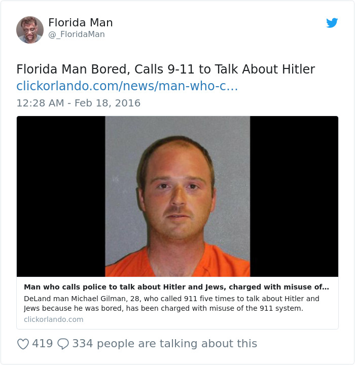 Florida man headlines with mugshot, charged for misusing 911 to discuss historical figures.