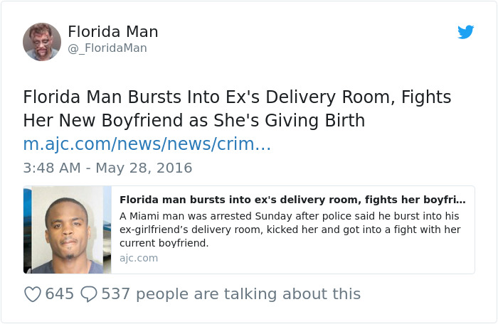 Tweet about a Florida man's chaotic delivery room incident, leading to an arrest.