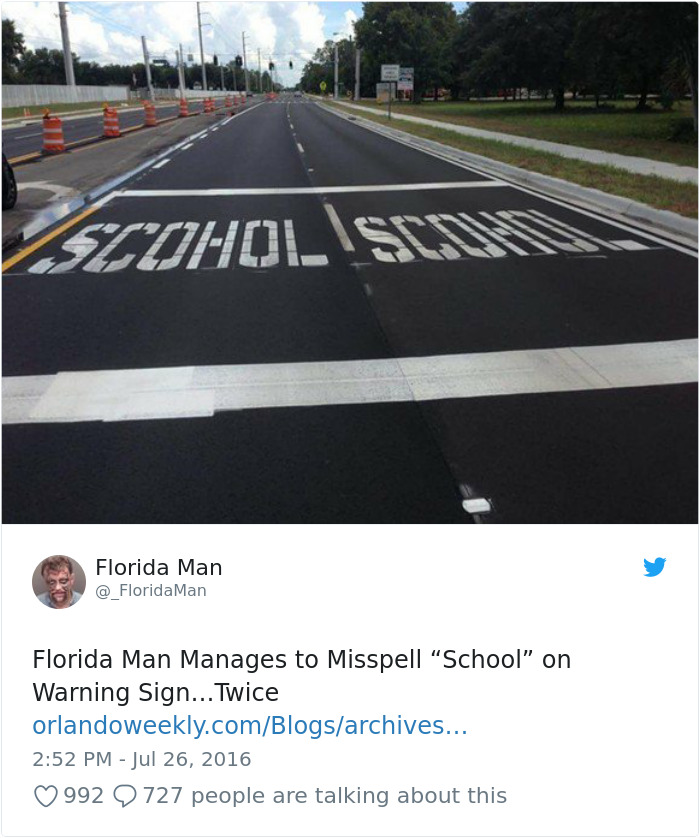 Florida road with misspelled "School" sign, highlighting a humorous Florida headline incident.