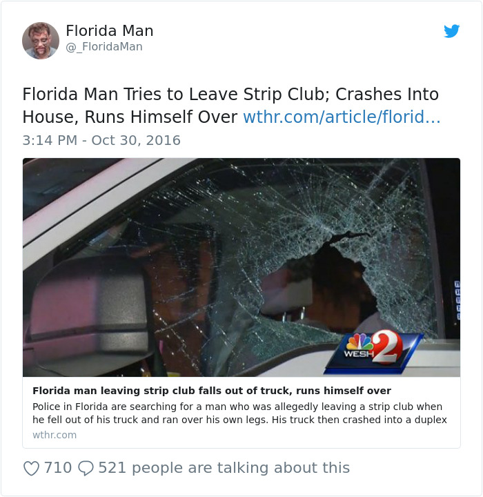 C*****d windshield on vehicle involved in a chaotic Florida Man incident, with social media post details.