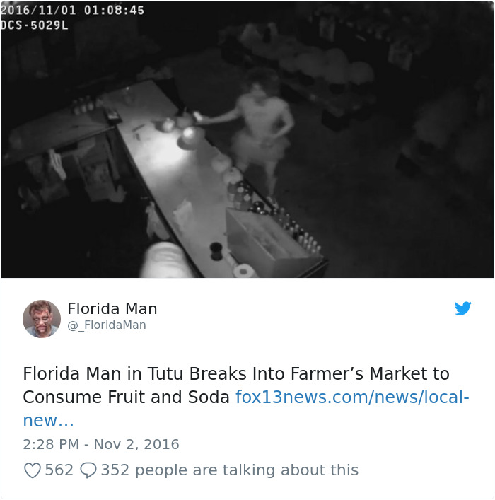 Florida Man in tutu inside a market at night, seemingly reaching for fruit or soda.
