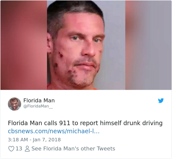 Florida Man calls 911 to report himself for drunk driving, featuring a man with facial injuries.