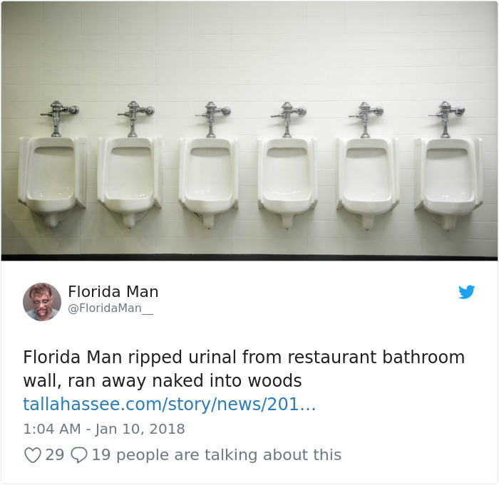 Florida Man headline about urinal incident in restaurant bathroom.