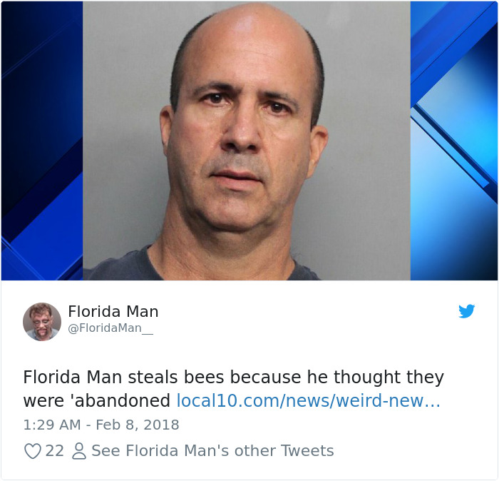 Mugshot of a man involved in a bizarre Florida Man incident about bee theft due to thinking they were abandoned.