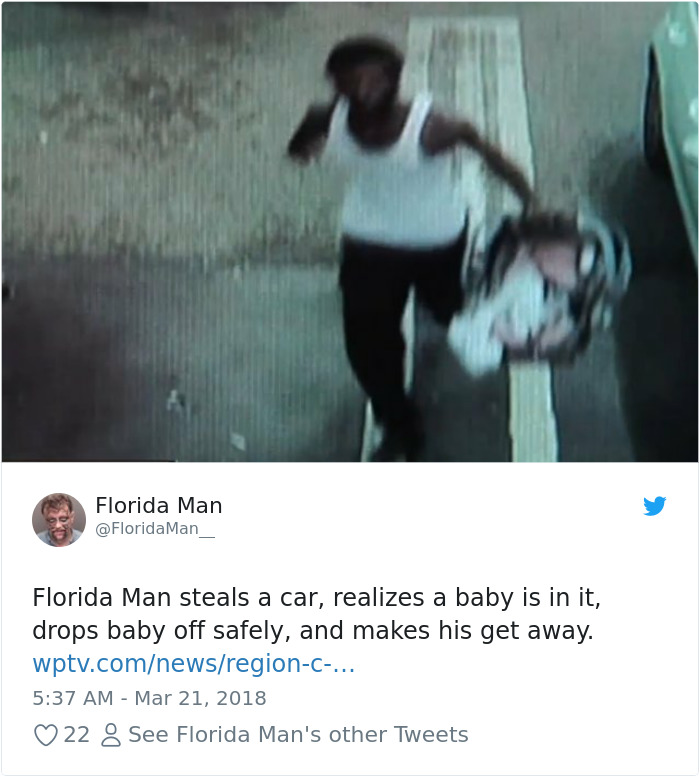 Florida man in white tank top seen on surveillance carrying a car seat with a baby.