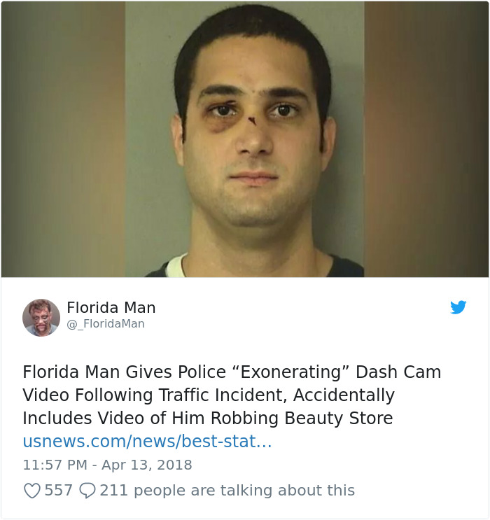 Mugshot of a Florida man involved in a bizarre incident with police, showcasing unusual headlines.