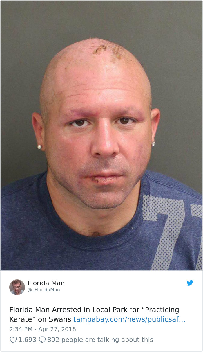 Bald man arrested in Florida, wearing a blue shirt, linked to bizarre headlines.