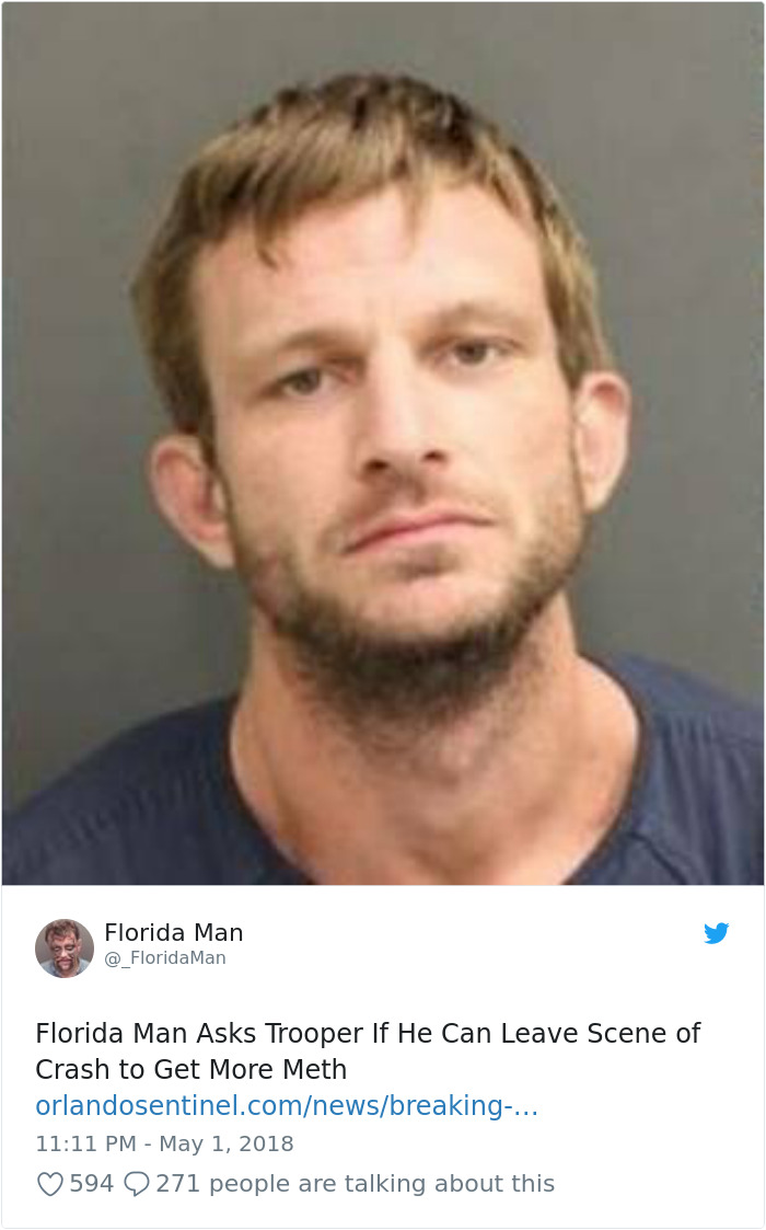 Mugshot of a man featured in a bizarre Florida Man headline Tweet.