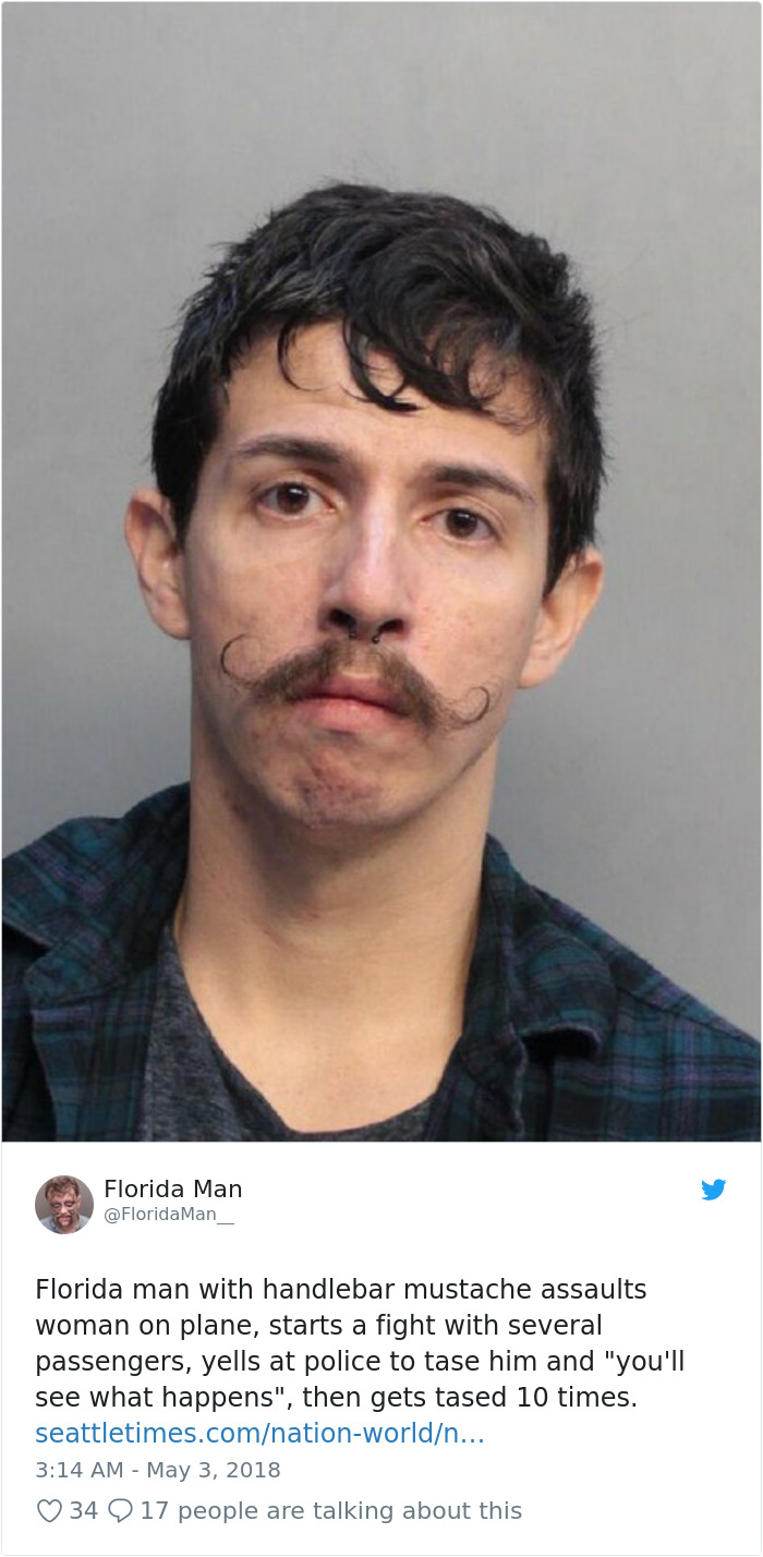Florida man with handlebar mustache in viral headline, involved in a plane incident and confrontation with police.