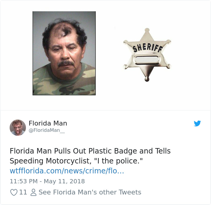 Florida man with camouflage shirt and a plastic sheriff badge, illustrating a bizarre incident.