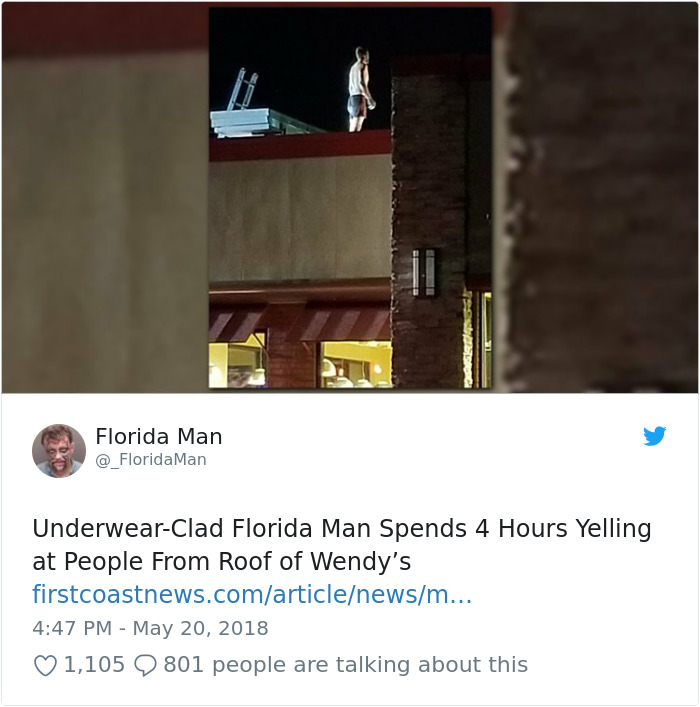 Florida Man on Wendy's roof yelling at night, wearing underwear.