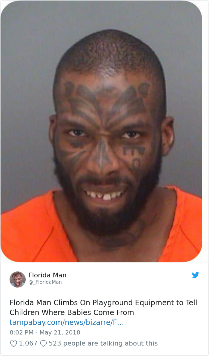 Florida man with face tattoos in orange prison attire, related to playground incident headline.