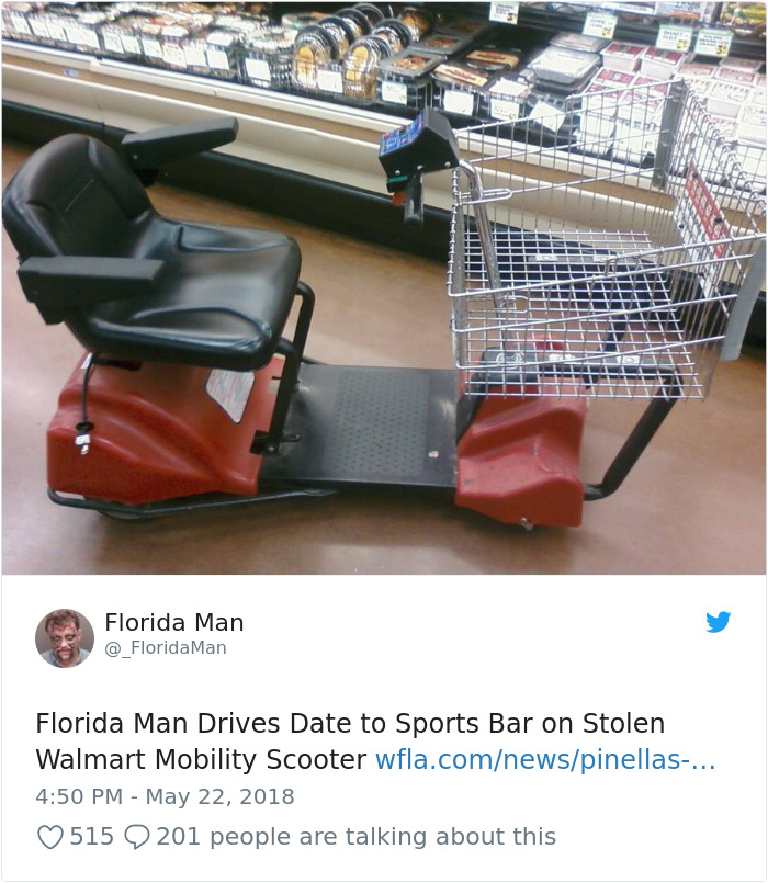Mobility scooter parked inside a store, associated with a notorious Florida Man headline.