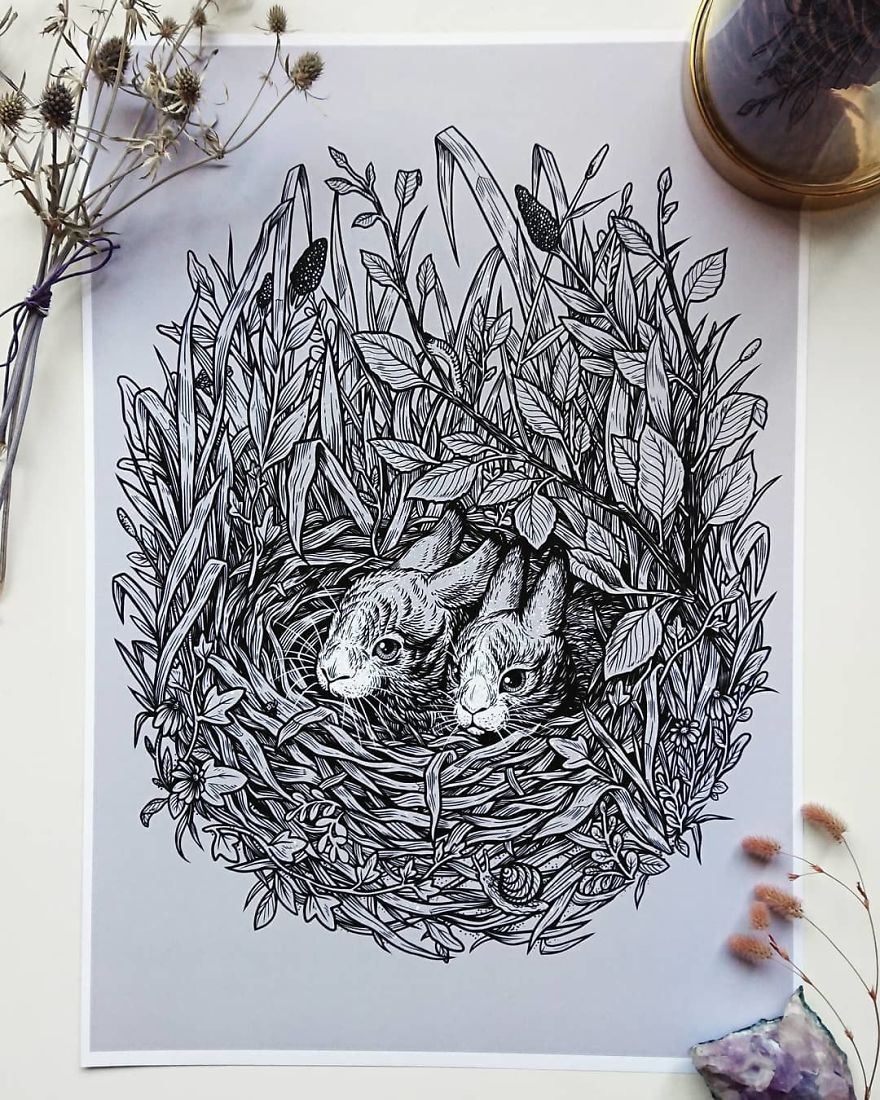 I Create Intricate And Detailed Drawings Of Animals Embedded With Their Natural Habitats