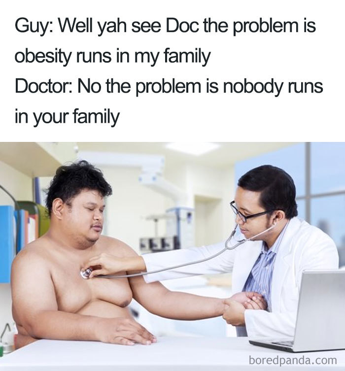Doctor meme featuring humorous dialogue about obesity and family exercise habits.