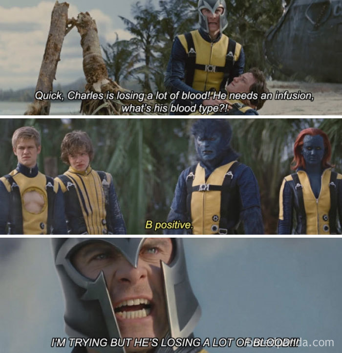 Comic-style doctor meme with superheroes discussing blood type humorously in a tense situation.