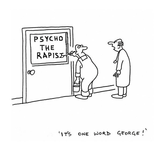 Cartoon of a doctor correcting a humorous sign typo on a door.
