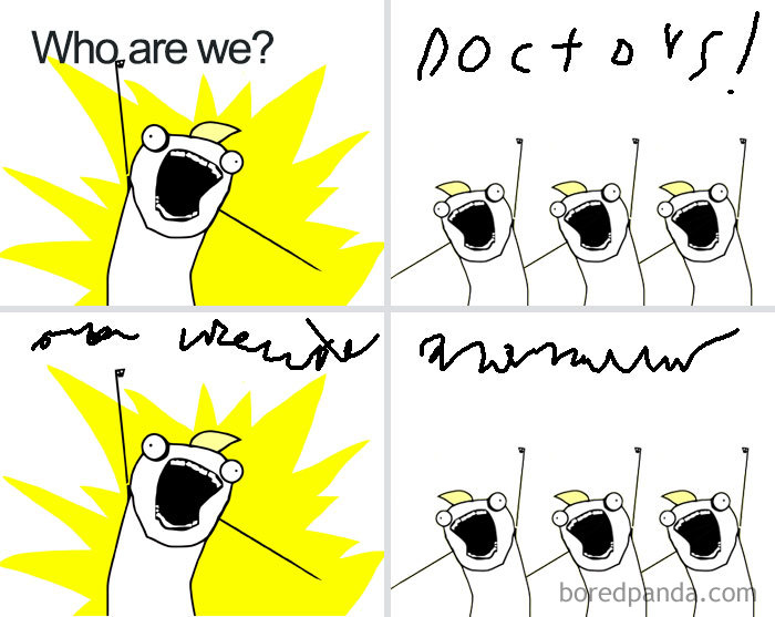 Funny doctor meme with excited cartoon characters shouting "Who are we? Doctors!" in a four-panel format.