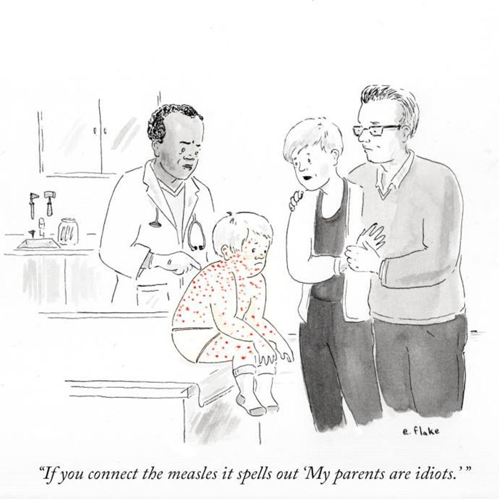 Doctor meme with a child having measles, captioned dark humor about parents.