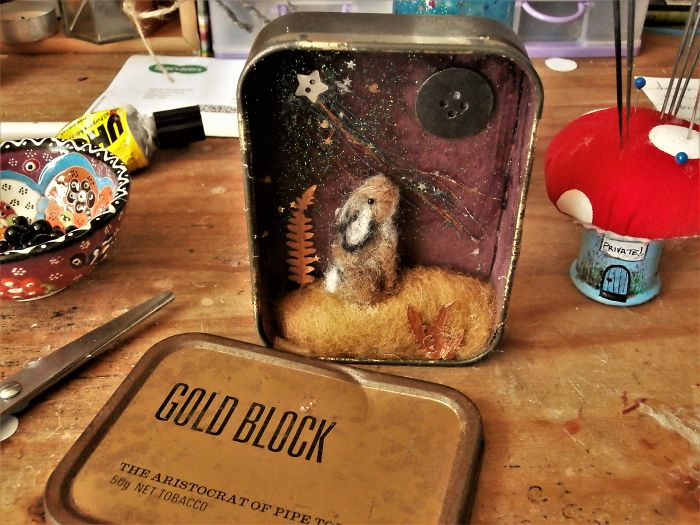 Moon Gazing Hare Diorama In A Vintage Tobacco Tin