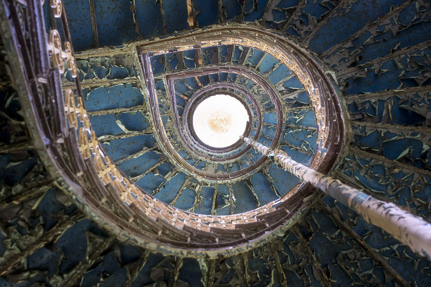 Staircase With Blue Color In An Abandoned Castle