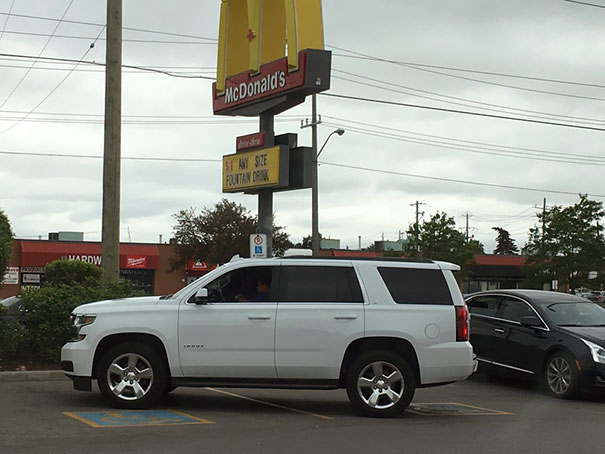 He Asked Me What The Hell I Was Taking A Picture Of. I Told Him I Was Taking A Pic Of The D-Bag That Needs To Occupy 2 Handicap Spots To Eat Some Fries