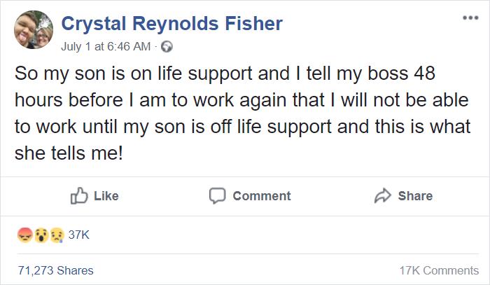 Woman Texts Manager She Can't Make It To Work Cause Her Son Is On Life Support, Her Response Gets Her Fired Woman Texts Manager She Can't Make It To Work Cause Her Son Is On Life Support, Her Response Gets Her Fired